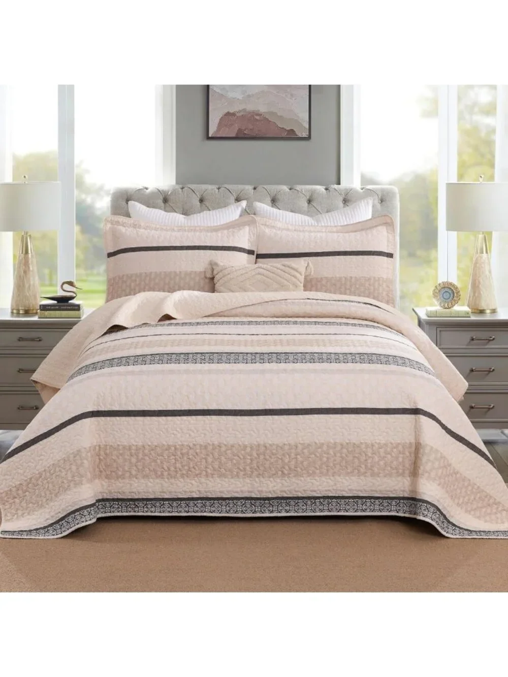 Reversible King Size Comforter Set - Lightweight Beige & Grey Striped Bedding, 2